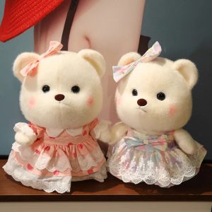 Cute Cream Plush Bear in Pink Polka Dot Dress