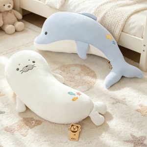 Cute White Seal Plush with Embroidered Fish