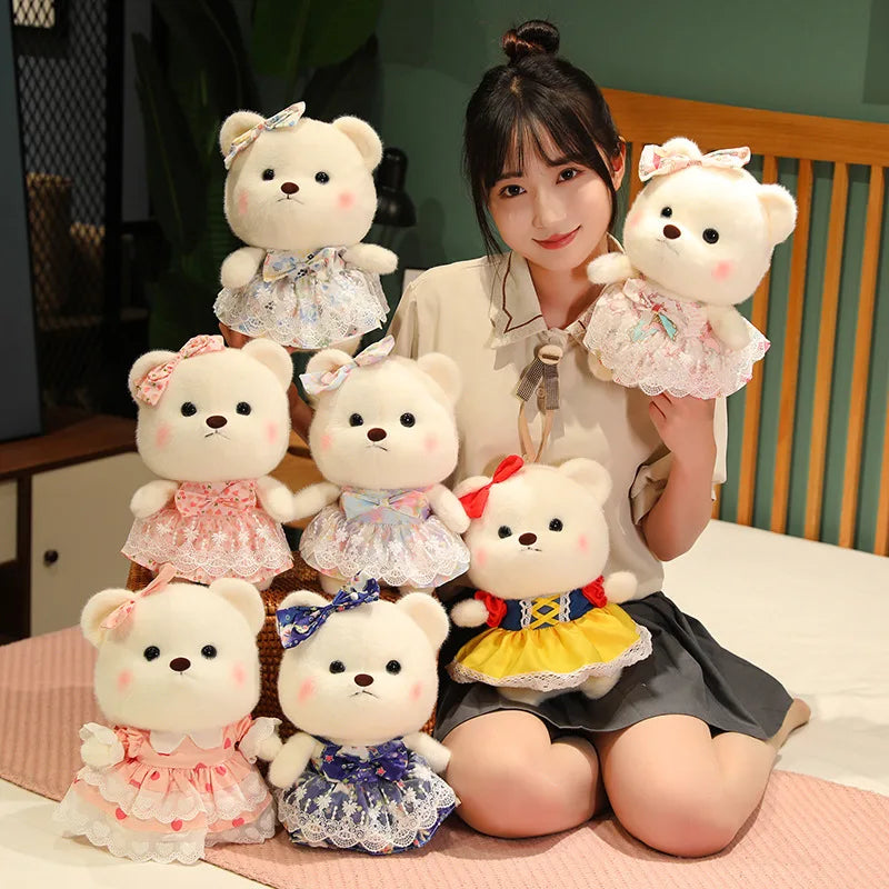 Cute Cream Plush Bear in Pink Polka Dot Dress - Image 3