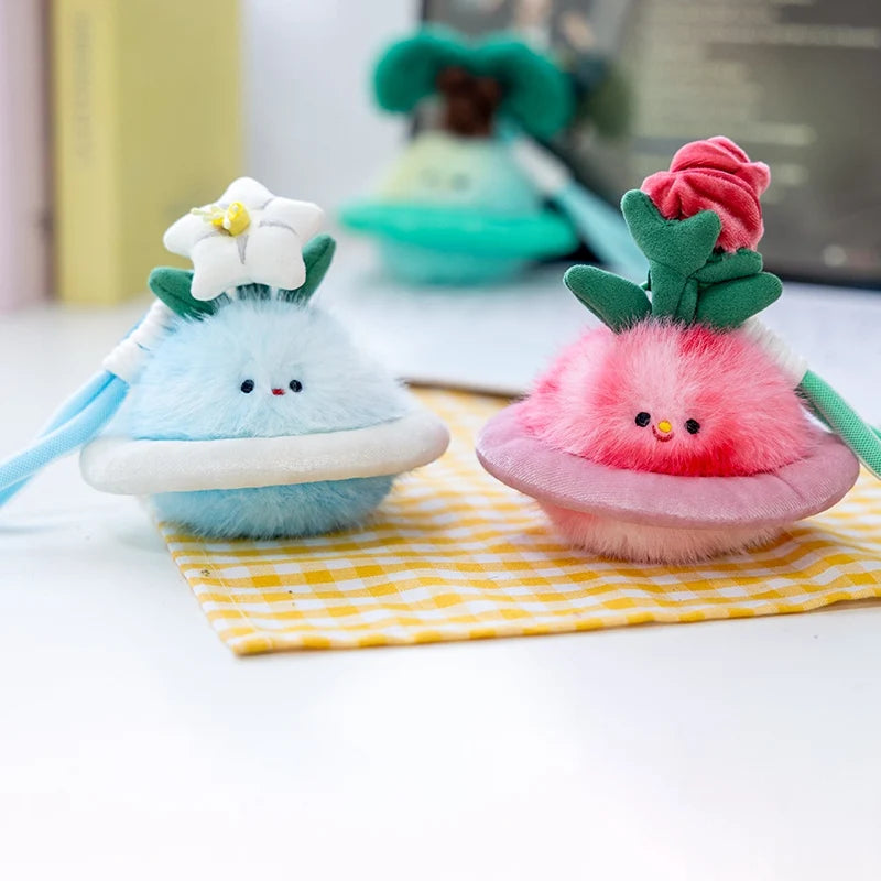 Cute Fluffy Planet Character Keychain Set with Flowers - Image 5