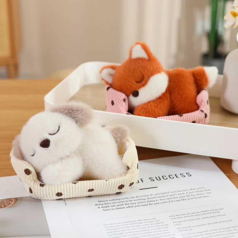 Cute Sleeping Animal Plush in Polka Dot Bed - Image 2