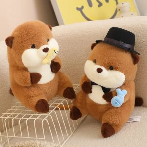 Brown Plush Otter Pair with Hat and Fish Toys