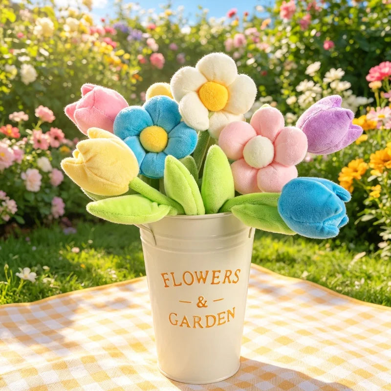 Mixed Pastel Plush Daisy and Tulip Bouquet