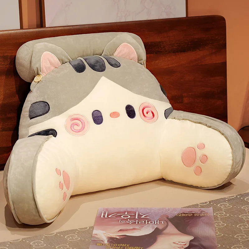 Cute Gray Cat Plush Reading Pillow with Armrests - Image 6