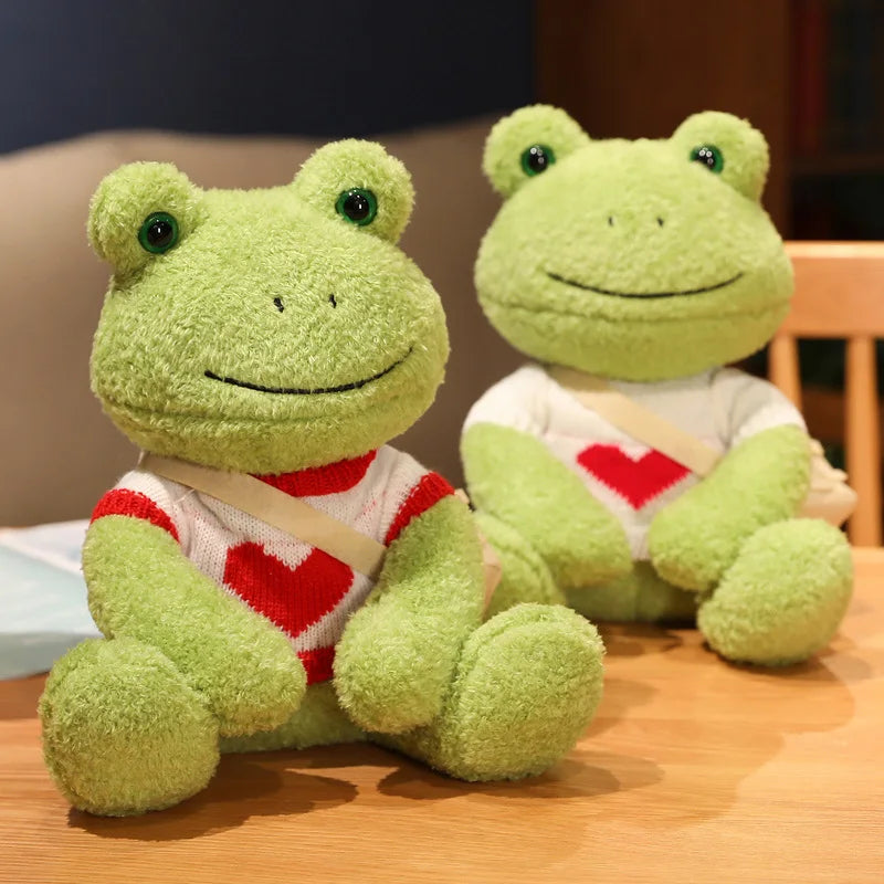 Cute Green Plush Frog with Knitted Sweater & Bag - Image 5