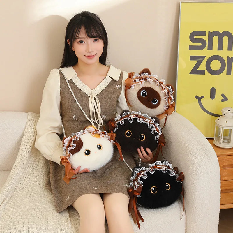 Kawaii Calico Cat Plush Crossbody Bag with Pearl Chain - Image 2