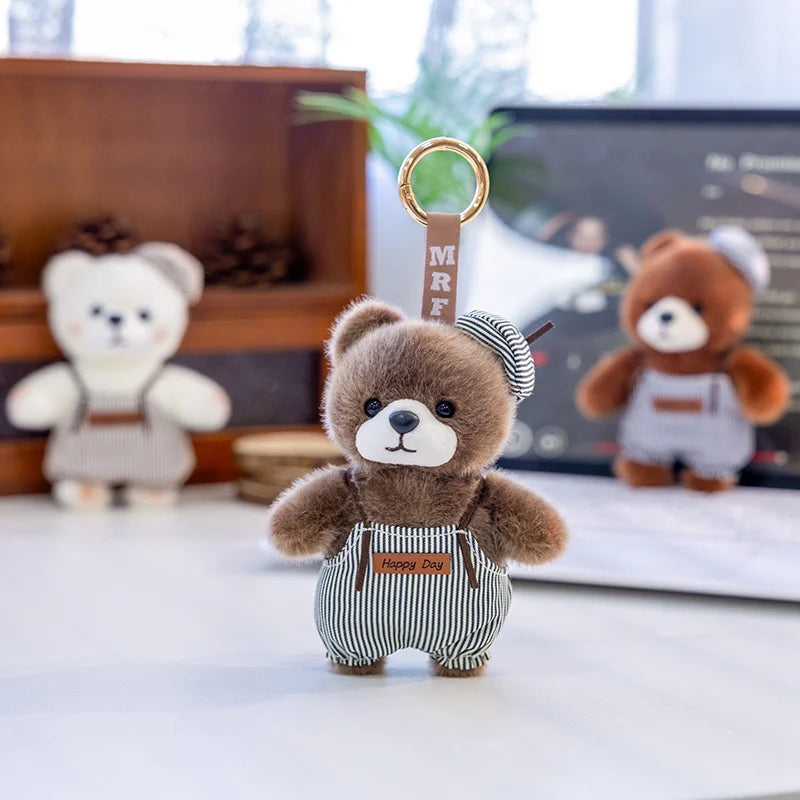 Plush Bear Keychain with Striped Overalls and Hat - Image 5