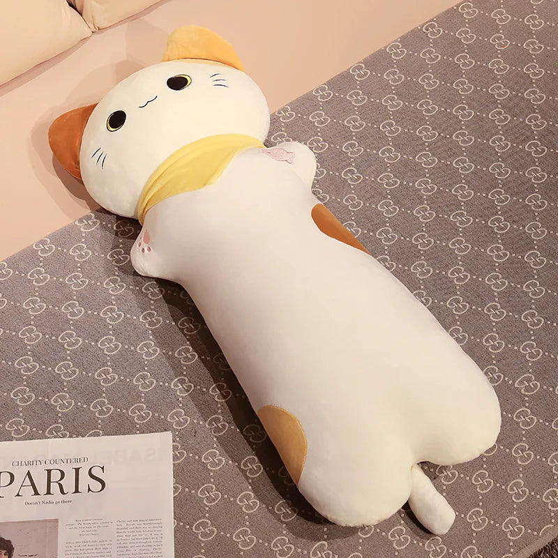 Soft Grey Plush Cat Body Pillow with Scarf - Image 8