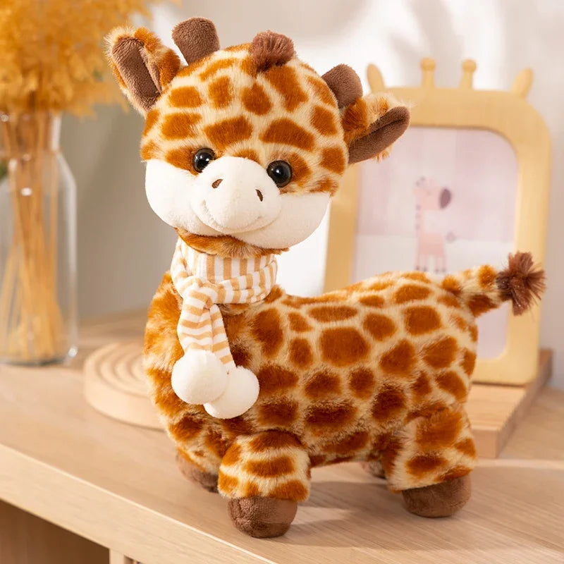 Cute Brown Spotted Plush Giraffe with Striped Scarf - Image 3