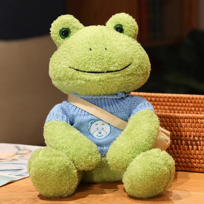 Cute Green Plush Frog with Knitted Sweater & Bag - Image 19