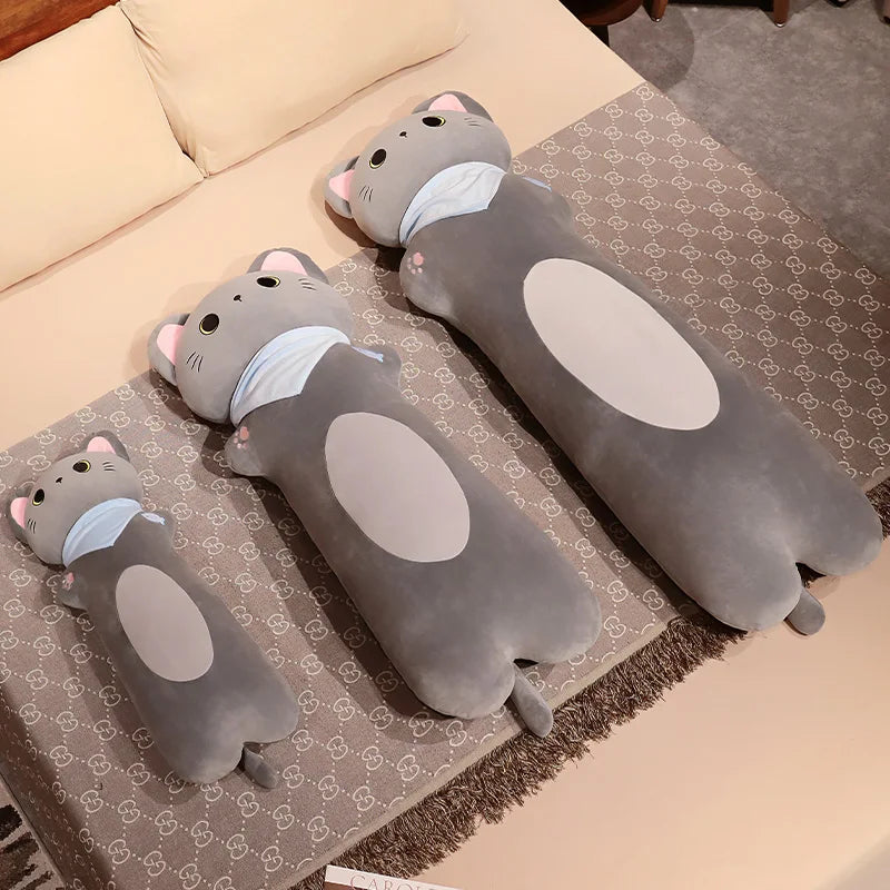 Soft Grey Plush Cat Body Pillow with Scarf - Image 5