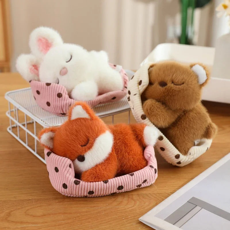 Cute Sleeping Animal Plush in Polka Dot Bed - Image 3