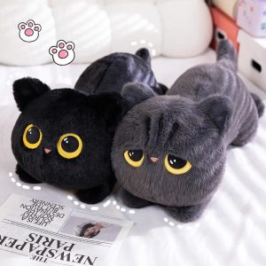 Round Black Plush Cat with Big Yellow Eyes