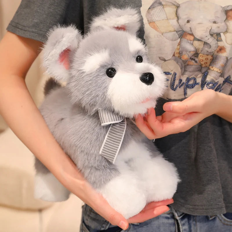 Cute Grey and White Plush Dog Toy with Bow - Image 2
