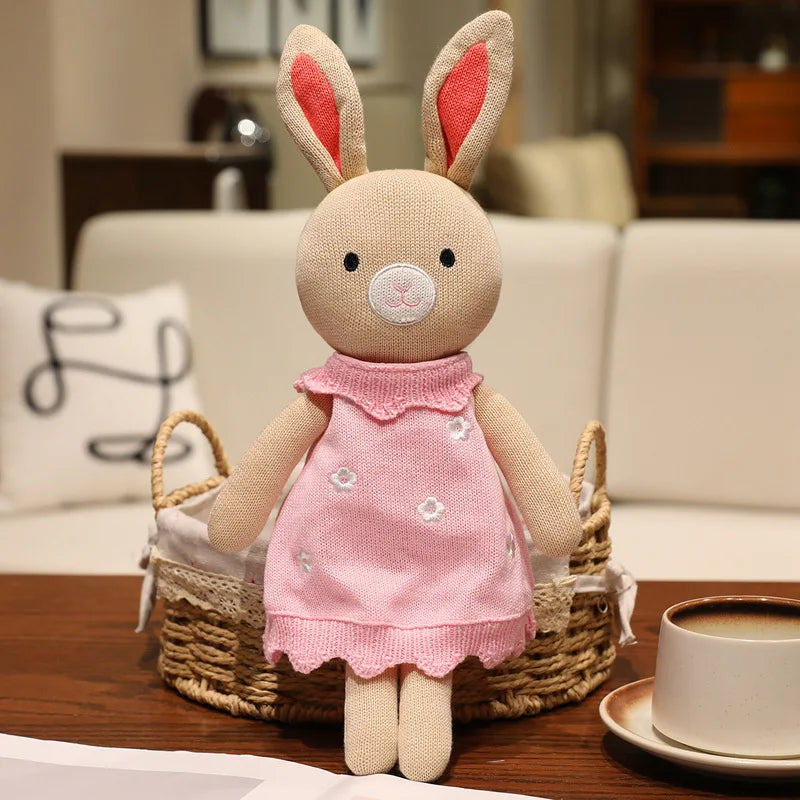 Cute Beige Knitted Bunny Plush with Pink Floral Dress - Image 7