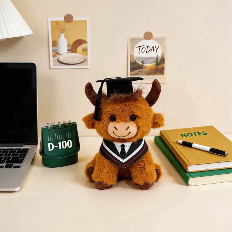 Fluffy Brown Ox Graduation Plush with Cap - Image 3