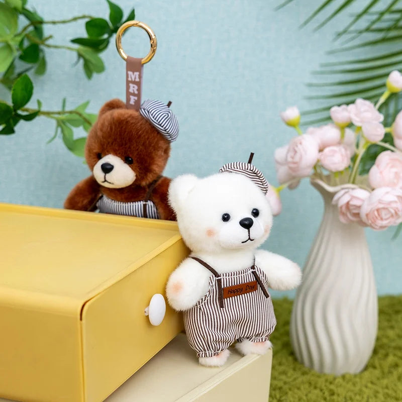 Plush Bear Keychain with Striped Overalls and Hat - Image 4