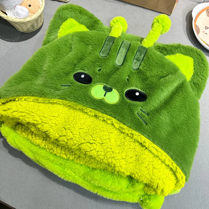 Fuzzy Green Monster Hooded Blanket with Pom-Poms - Image 2