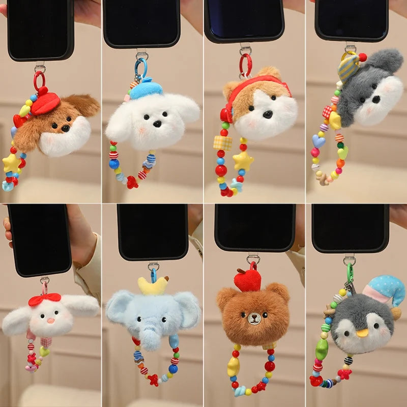 Fluffy White Dog Plush Phone Charm with Beaded Strap
