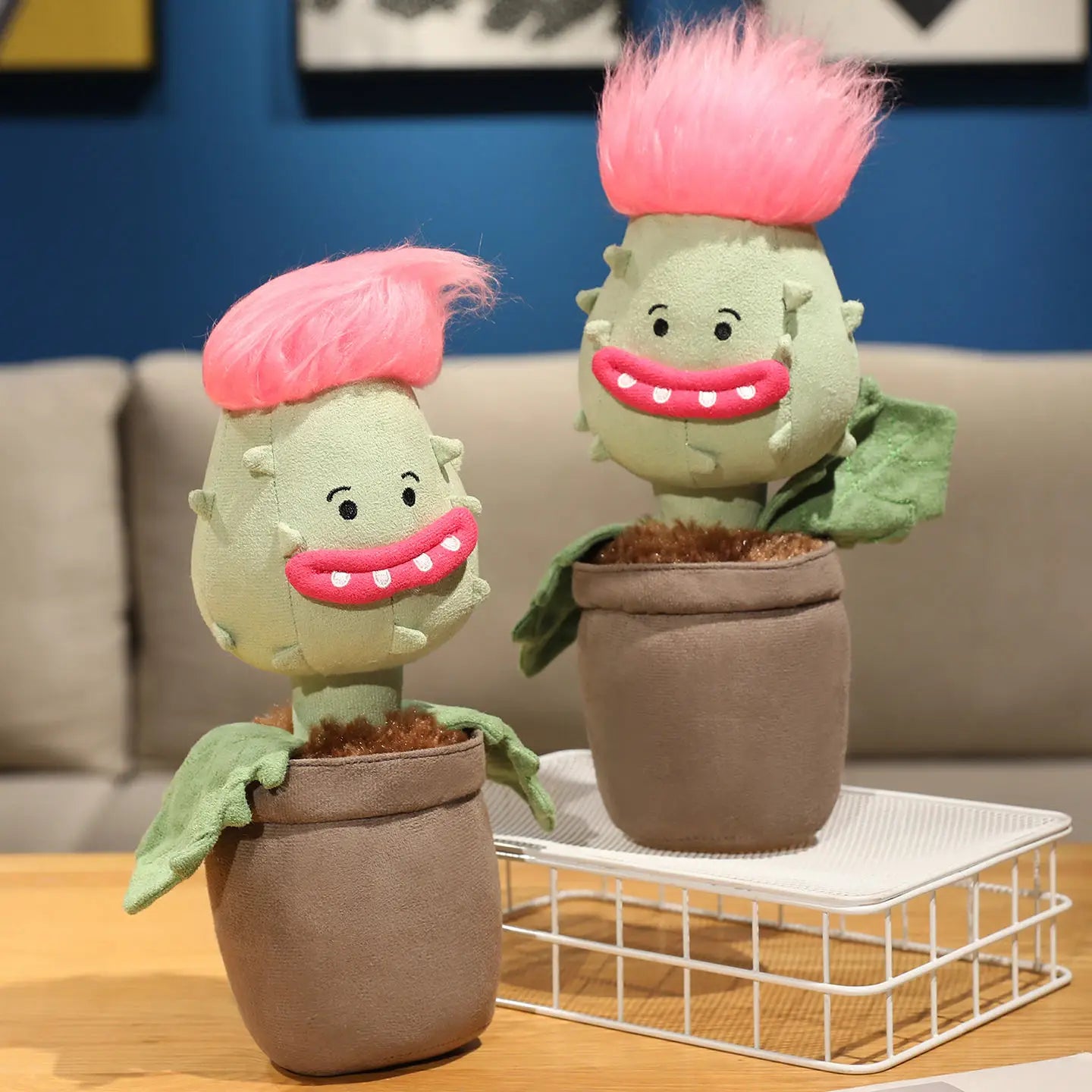 Potted Green Plush Plant with Pink Spiky Hair - Image 2