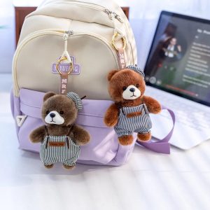 Plush Bear Keychain with Striped Overalls and Hat