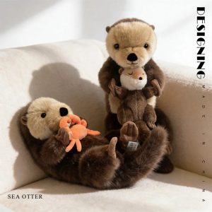 Realistic Sea Otter Plush Set with Baby & Crab