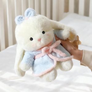 White Floppy Ear Plush Bunny in Blue & Pink Outfit