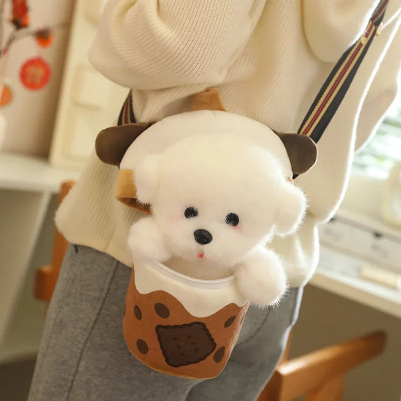 Cute White Dog Bubble Tea Plush Crossbody Bag with Cookie - Image 5