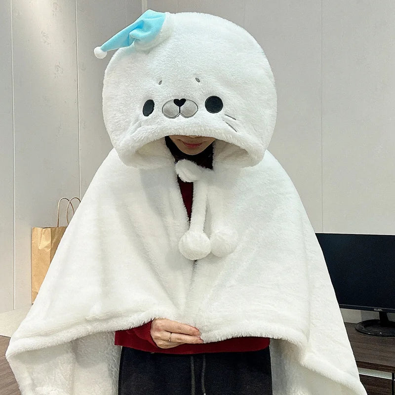 Cute White Plush Seal Hoodie with Blue Fin - Image 4