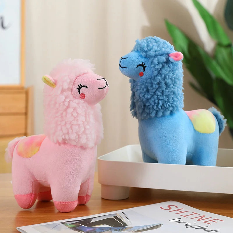 Soft Pink and Blue Alpaca Plush Toy with Curly Mane