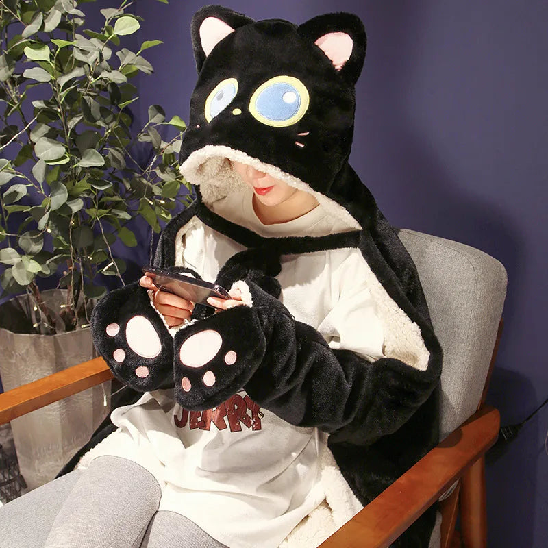 Cute Black Cat Plush Wearable Blanket with Blue Eyes - Image 4