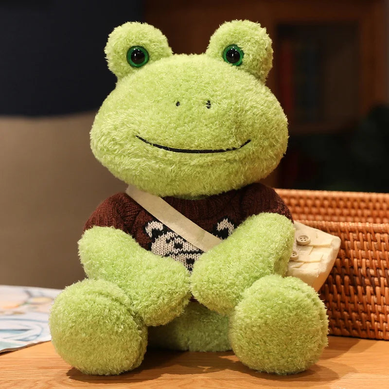 Cute Green Plush Frog with Knitted Sweater & Bag - Image 12