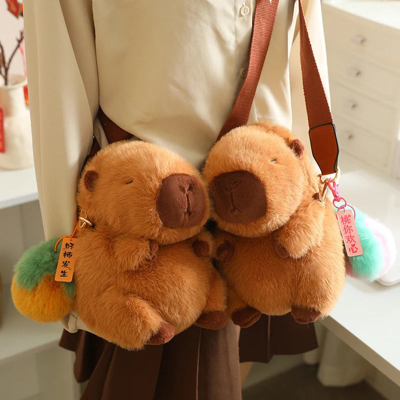Plush Capybara Crossbody Bag with Pom-Pom Charm - Image 3