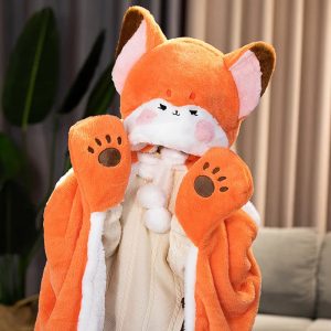 Cute Orange Plush Fox Hooded Blanket with Paws