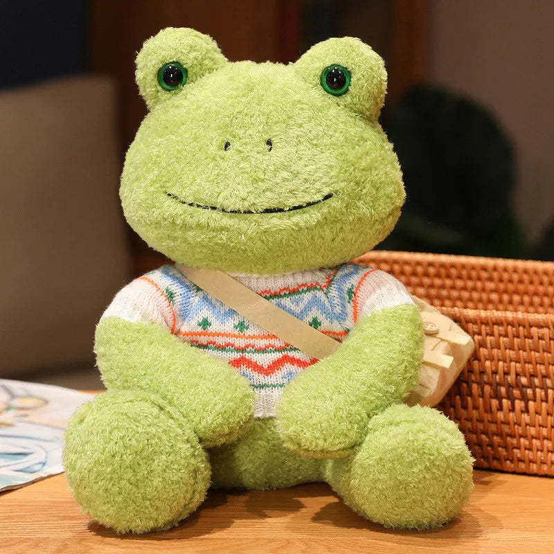 Cute Green Plush Frog with Knitted Sweater & Bag - Image 7