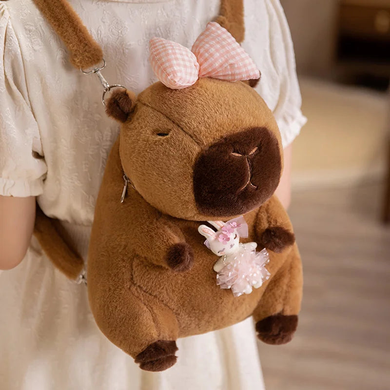 Cute Capybara Plush Crossbody Bag with Pink Bow - Image 9