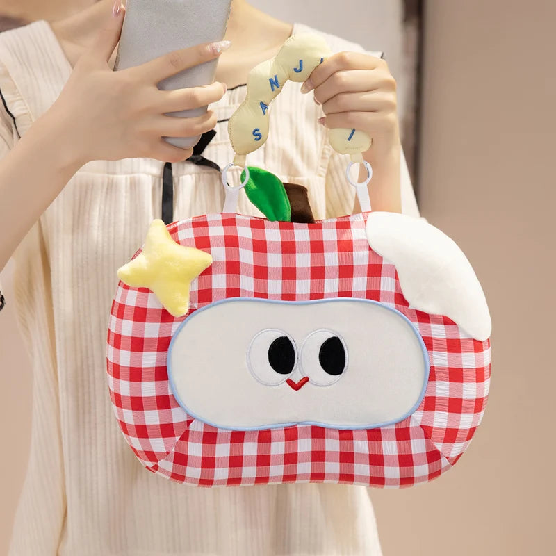 Gingham Plush Nap Pillow with Cute Cartoon Face - Image 2
