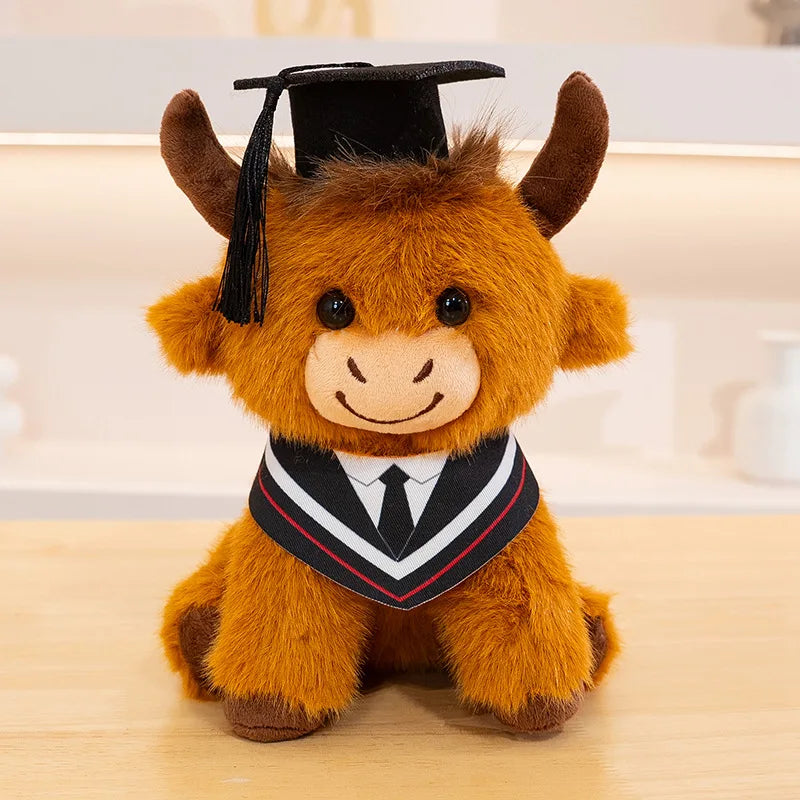 Fluffy Brown Ox Graduation Plush with Cap