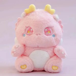 Fuzzy Pink Dragon Plush with Heart Horns & Star Eyes
