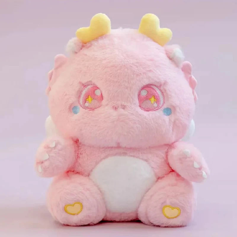 Fuzzy Pink Dragon Plush with Heart Horns & Star Eyes