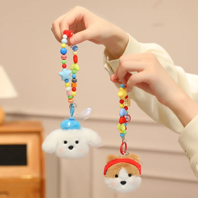 Fluffy White Dog Plush Phone Charm with Beaded Strap - Image 5