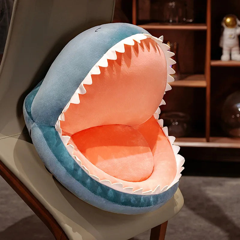Plush Blue Shark Pet Bed with Peach Interior