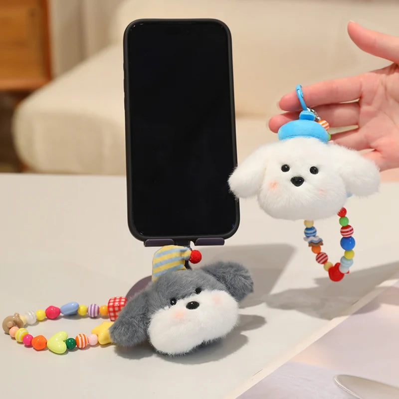 Fluffy White Dog Plush Phone Charm with Beaded Strap - Image 6