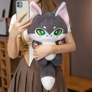 Dark Grey Fox Plush Toy with Green Eyes