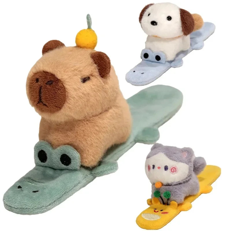 Plush Beige Capybara on Green Frog Slap Bracelet - Image 2