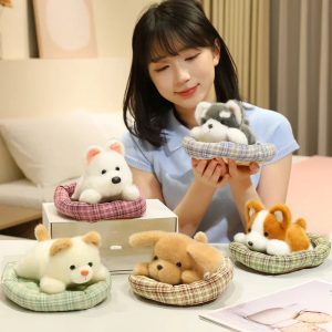 Soft Miniature Plush Puppy in Plaid Bed