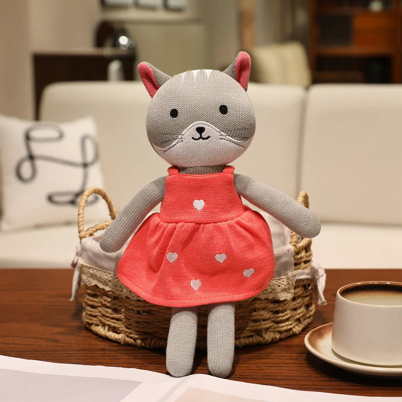 Cute Beige Knitted Bunny Plush with Pink Floral Dress - Image 9