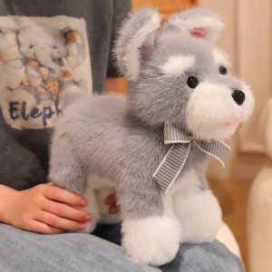 Cute Grey and White Plush Dog Toy with Bow