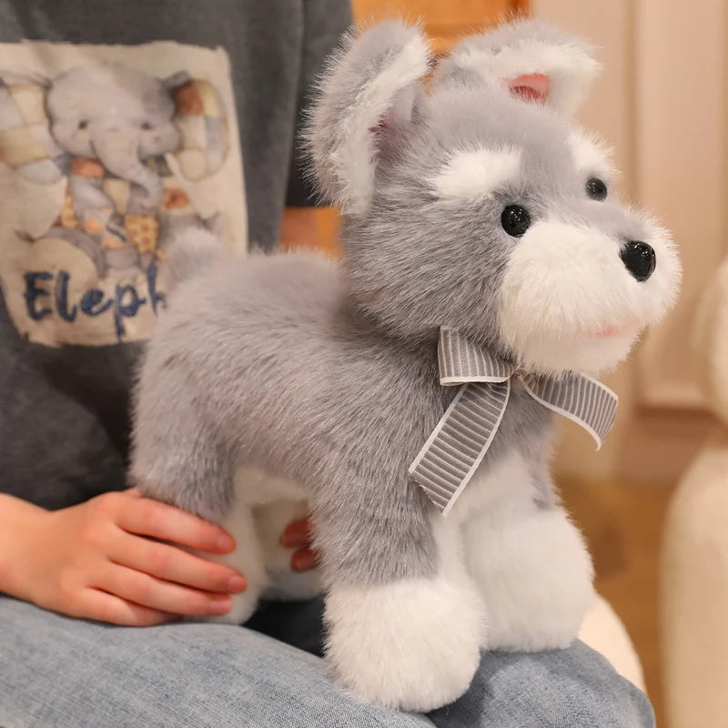 Cute Grey and White Plush Dog Toy with Bow