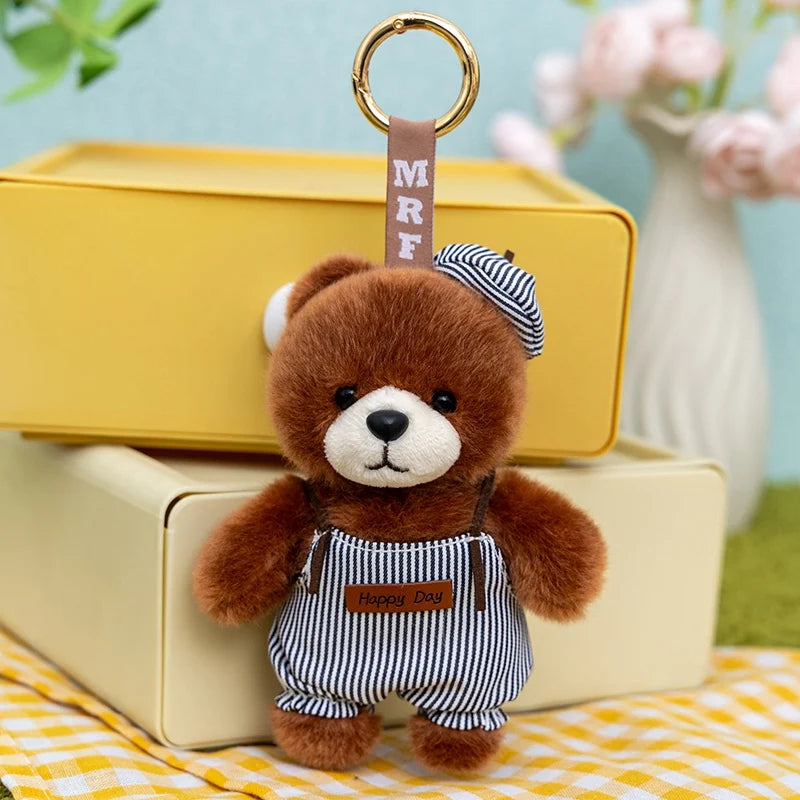 Plush Bear Keychain with Striped Overalls and Hat - Image 8